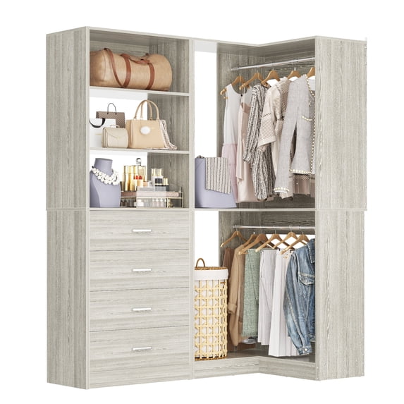 Homieasy 4.4FT Walk-in Corner Closet System with 4 Drawers, 2 Hanging Rods and Shelves, White Oak