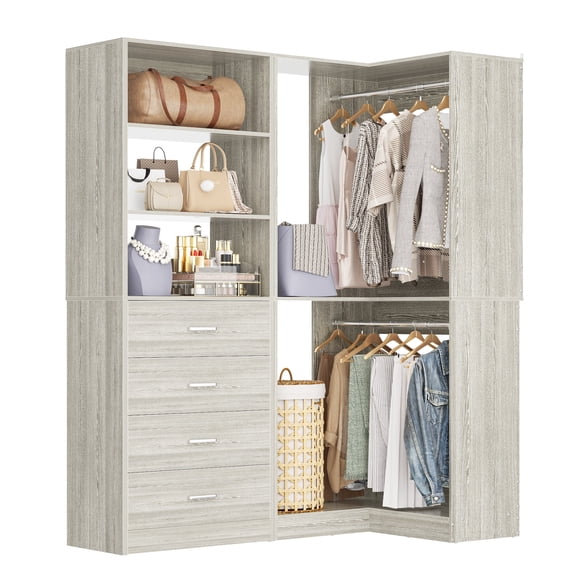 Homieasy 4.4FT Walk-in Corner Closet System with 4 Drawers, 2 Hanging Rods and Shelves, White Oak