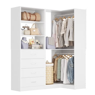 Homieasy 4.4FT Freestanding Closet System with 4 Drawers, Walk-in Closet Organizer System with Shelves & 2 Hanging Rods, Ideal Closet Storage & Organizers Unit, 52.8"W x 31.5"D, White