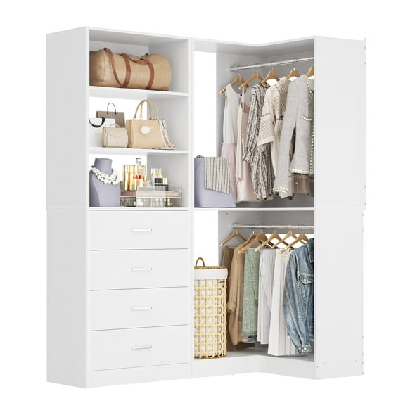Homieasy 4.4FT Freestanding Closet System with 4 Drawers, Walk-in Closet Organizer System with Shelves & 2 Hanging Rods, Ideal Closet Storage & Organizers Unit, 52.8"W x 31.5"D, White