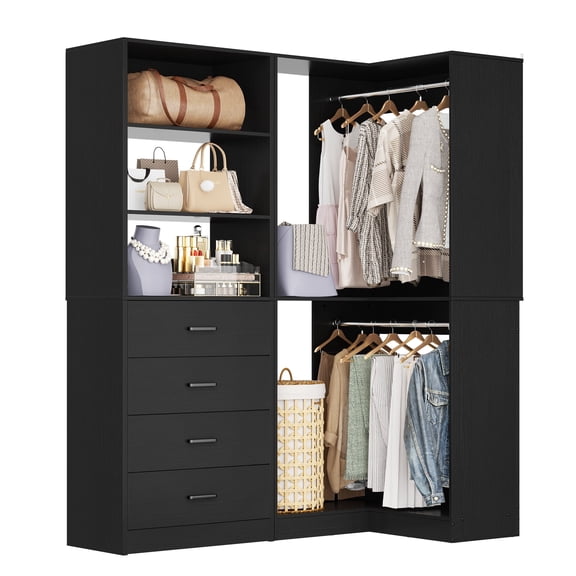 Homieasy 4.4FT Walk-in Corner Closet System with 4 Drawers, 2 Hanging Rods and Shelves, Black