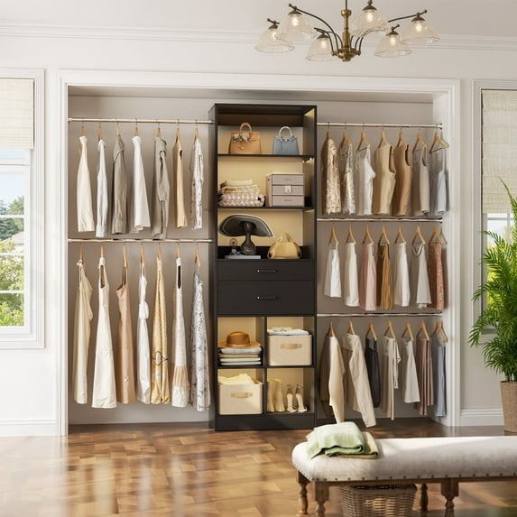 Homieasy 4-8 FT Walk-in Closet Organizer Tower, 2 Wooden Drawers + 5 Hang Rods, Built-in Shelves, Fit 60-96'' Closet Systems,Black