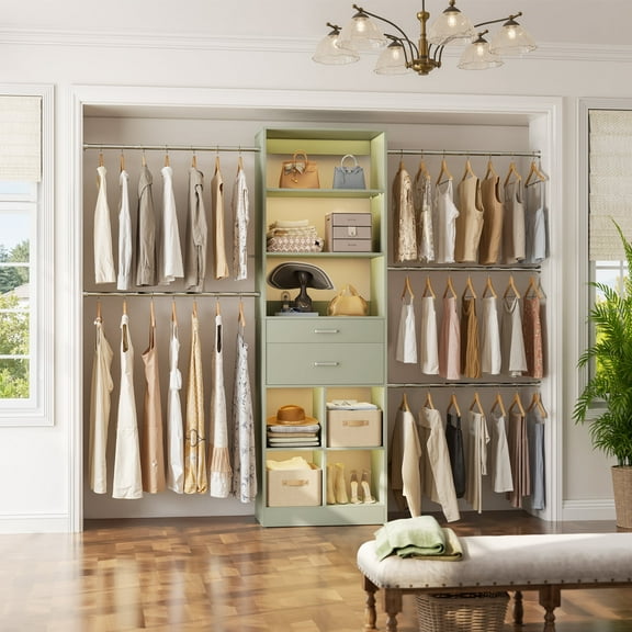 Homieasy 4-8 FT Walk-in Closet Organizer Tower, 2 Wooden Drawers   5 Hang Rods, Built-in Shelves, Fit 60-96'' Closet Systems,Cyan