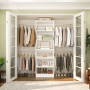 Homieasy 4-8 ft Freestanding Closet Organizer System with Adjustable Shelves and 4 Extendable Hanging Rods, Wood Storage Tower for Walk-In Closets and Bedrooms, White