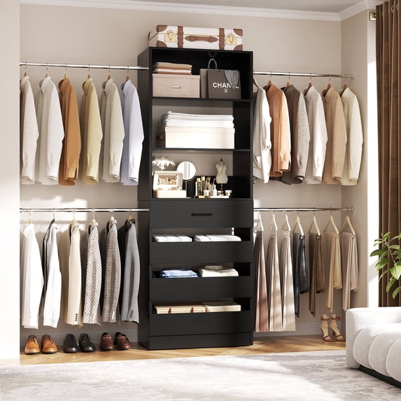 Homieasy 4-9 Ft Adjustable Wooden Closet Organizer System with 4 Drawers, 4 Hanging Rods & Shelving Towers - Heavy Duty Walk-in Wardrobe Rack, Space-Saving Design, Easy Assembly,Black
