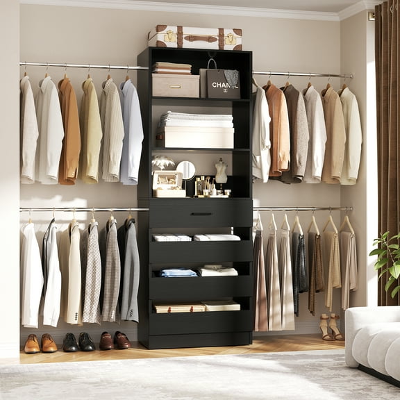 Homieasy 4-9 Ft Adjustable Wooden Closet Organizer System with 4 Drawers, 4 Hanging Rods & Shelving Towers - Heavy Duty Walk-in Wardrobe Rack, Space-Saving Design, Easy Assembly,Black