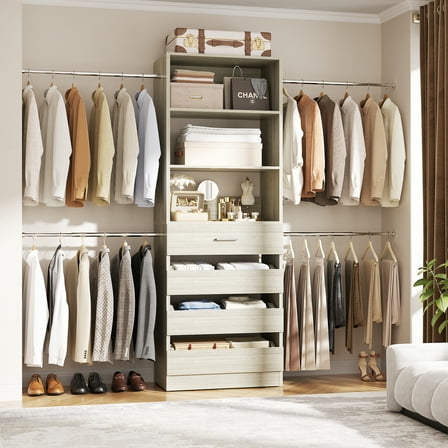 Homieasy 4-9 Ft Adjustable Wooden Closet Organizer System with 4 Drawers, 4 Hanging Rods & Shelving Towers - Heavy Duty Walk-in Wardrobe Rack, Space-Saving Design, Easy Assembly,White Oak