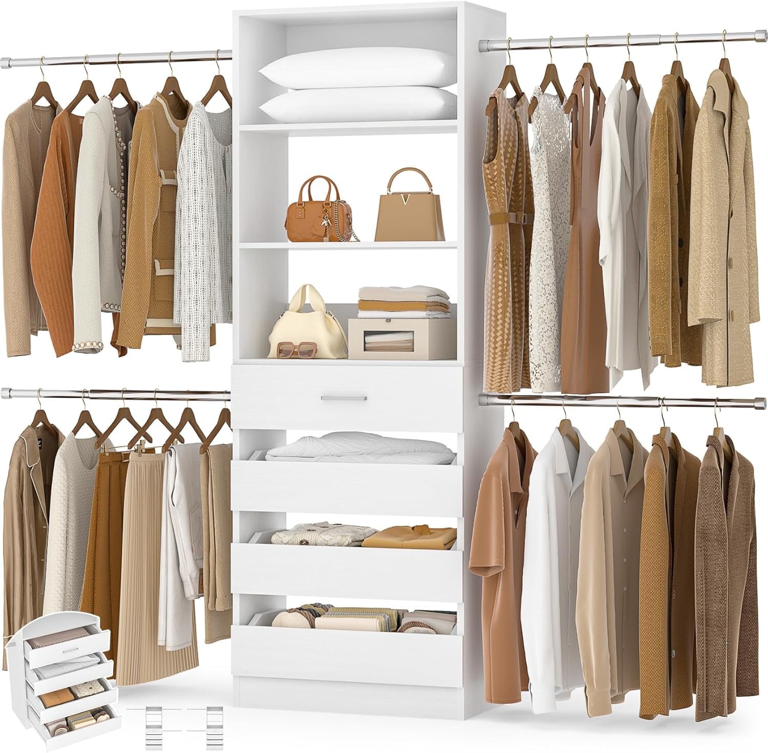 Homieasy 4-9 Ft Adjustable Wooden Closet Organizer System with 4 Drawers, 4 Hanging Rods & Shelving Towers - Heavy Duty Walk-in Wardrobe Rack, Space-Saving Design, Easy Assembly,White