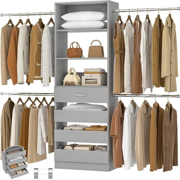 Homieasy 4-9 Ft Adjustable Wooden Closet Organizer System with 4 Drawers, 4 Hanging Rods & Shelving Towers - Heavy Duty Walk-in Wardrobe Rack, Space-Saving Design, Easy Assembly,Gray