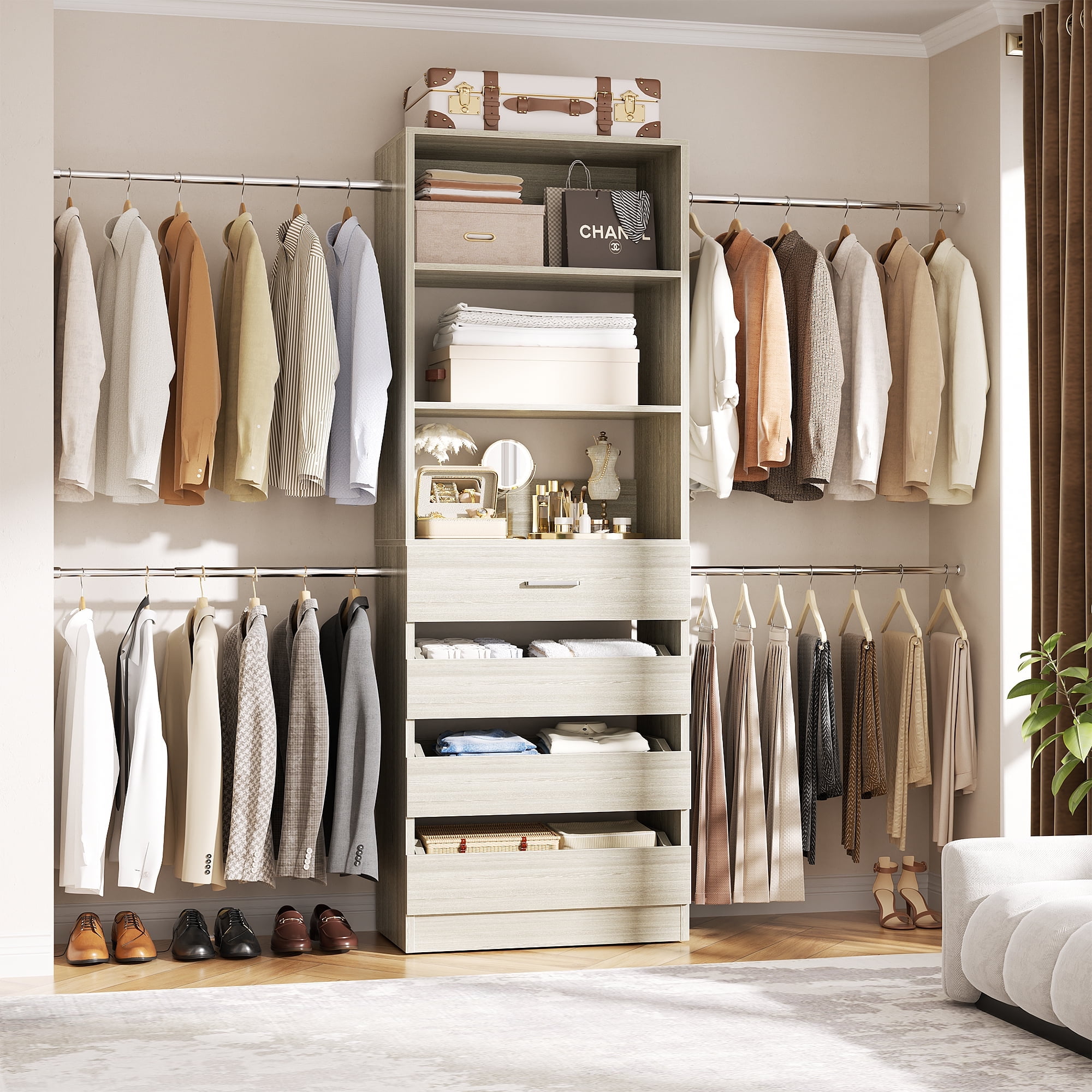 Homieasy Wooden Closet Organizer System with 4 Drawers, 4 Hanging