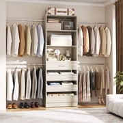 Homieasy 4-9 Ft Adjustable Wooden Closet Organizer System with 4 Drawers, 4 Hanging Rods & Shelving Towers - Heavy Duty 