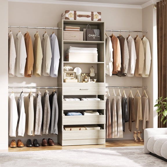 Homieasy 4-9 Ft Adjustable Wooden Closet Organizer System with 4 Drawers, 4 Hanging Rods & Shelving Towers - Heavy Duty Walk-in Wardrobe Rack, Space-Saving Design, Easy Assembly,White Oak