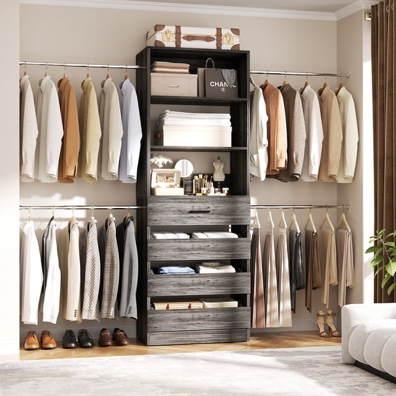 Homieasy 4-9 Ft Adjustable Wooden Closet Organizer System with 4 Drawers, 4 Hanging Rods & Shelving Towers - Heavy Duty Walk-in Wardrobe Rack, Space-Saving Design, Easy Assembly,Gray Oak