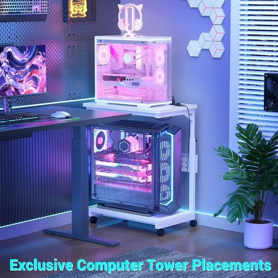 Homieasy 4 Levels Height Adjustable Computer Tower Stand with Power Strips - Mobile Under-Desk CPU Holder with Wheels, 24" Carbon Fiber,Carbon Fiber White