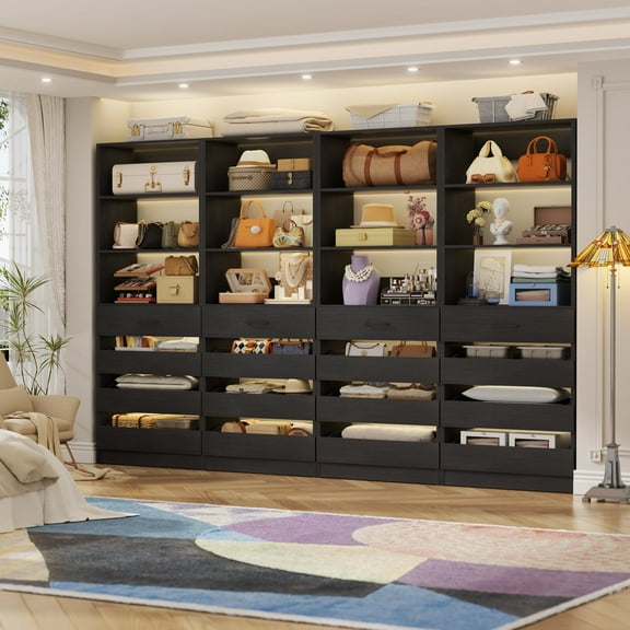Homieasy 4-Pack Space-Saving Modular Closet Organizer with 16 Drawers & Adjustable Shelves - Customizable Wood Storage Cabinet for Bedroom/Entryway, Easy Assembly Tall Armoire Wardrobe Units,Black