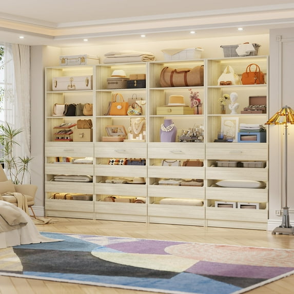 Homieasy 4-Pack Space-Saving Modular Closet Organizer System with 16 Drawers & Adjustable Shelves - Customizable Wood Storage Cabinet for Bedroom/Entryway, Tall Armoire Wardrobe Units,White Oak