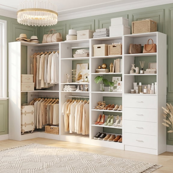 Homieasy 4-Piece Modular Walk-In Closet Organizer System with Drawers, Hanging Rods & Adjustable Shelves, Heavy Duty Wardrobe System, White