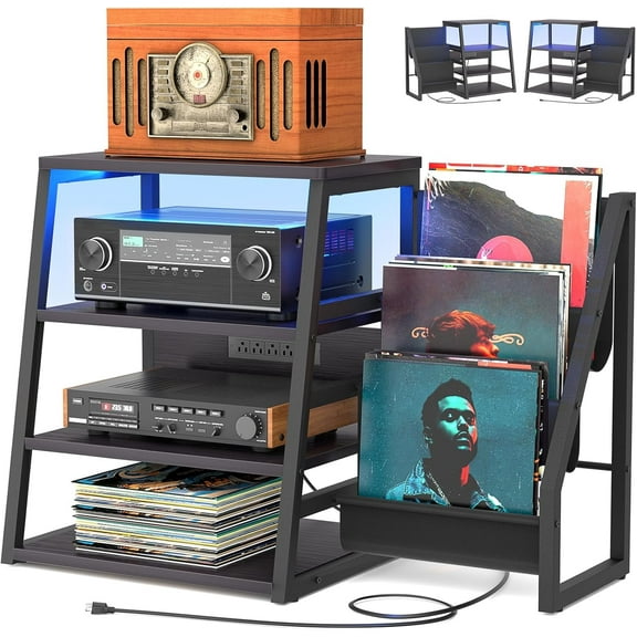 Homieasy 4-Tier Media Stand with Vinyl Storage, Power Outlets & LED Lights,Black Ebony