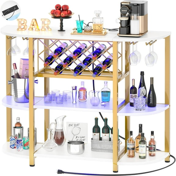 Homieasy 4-Tier Wine Bar Cabinet with Power Outlets & LED Lights, Floor Standing Metal Wine Rack for Liquor and Glasses Storage, Dining Room Coffee Bar, 47.5"W x 15.8"D x 36"H, White Gold