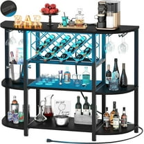 Homieasy 4-Tier Wine Bar Cabinet with Power Outlets & LED Lights, Floor Standing Metal Wine Rack for Liquor and Glasses Storage, Dining Room Coffee Bar, 47.5"W x 15.8"D x 36"H, Black