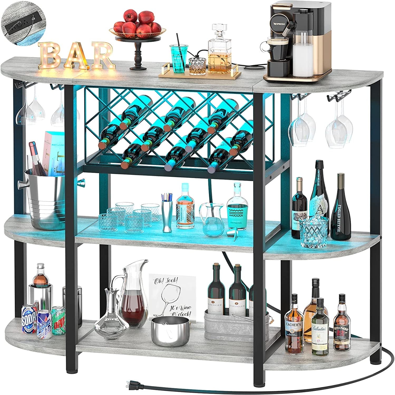 Homieasy 4-Tier Wine Bar Cabinet with Power Outlets & LED Lights, Floor Standing Metal Wine Rack for Liquor and Glasses Storage, Dining Room Coffee Bar, 47.5"W x 15.8"D x 36"H, Black