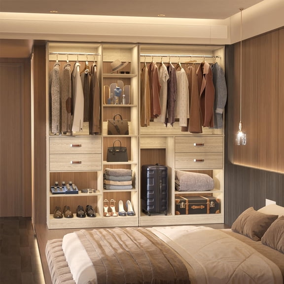 Homieasy 40'' W Closet System with Wooden Drawers and Hanging Rods, White Oak