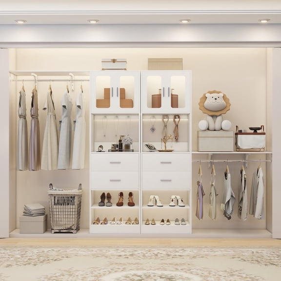 Homieasy 41-120 Inch Adjustable Wardrobe Closet System, Heavy Duty Wardrobe Organizer with 4 Drawers and Doors, Wardrobe Rack for Bedroom, Closet, Apartment, White