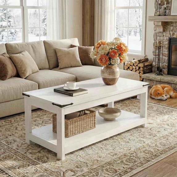 Homieasy 43.3” Farmhouse Wood Coffee Table with Storage Shelf, Modern Center Table for Living Room,White