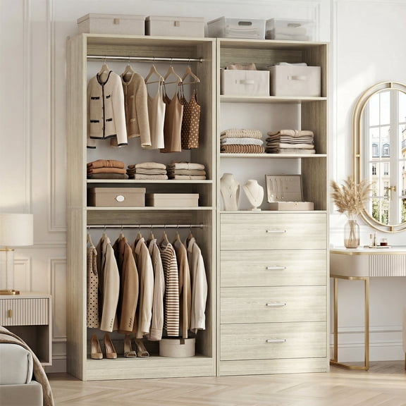 Homieasy 46.3''W 2-Piece Closet System with Drawers, Wooden Closet Organizer with Hanging Rods and Adjustable Shelves, White Oak