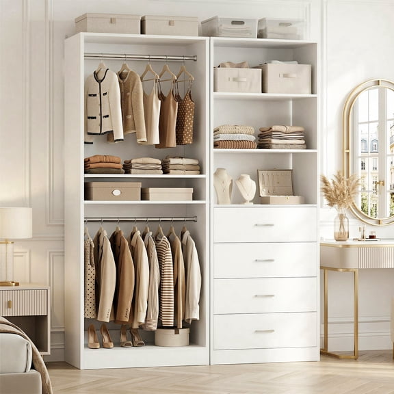 Homieasy 46.3''W 2-Piece Closet System with Drawers, Wooden Closet Organizer with Hanging Rods and Adjustable Shelves, White