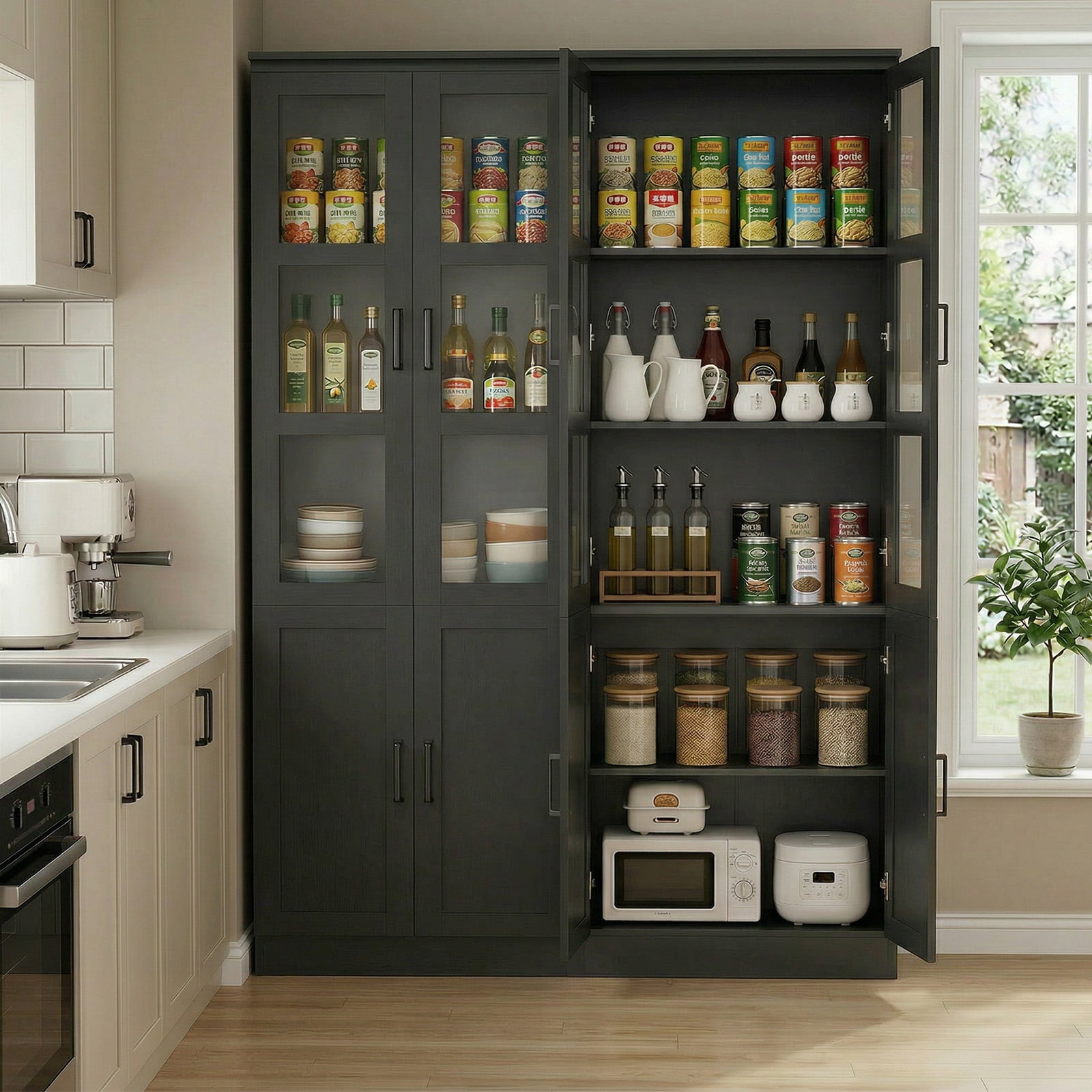 Homieasy 47.2'' Pantry Storage Cabinet 2-Piece Set, 79.7'' Tall Freestanding Kitchen Storage Cabinet with Glass Doors and Adjustable Shelves, Black