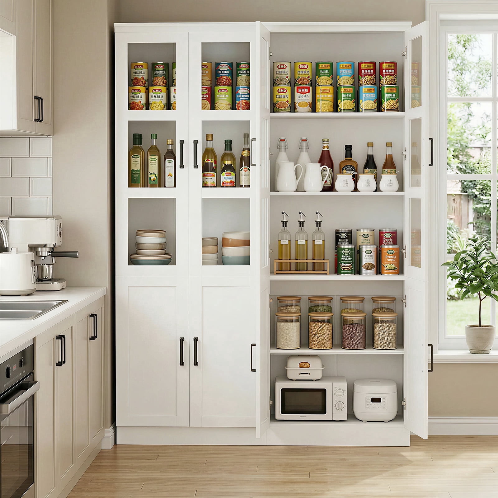 Homieasy 47.2'' Pantry Storage Cabinet 2-Piece Set, 79.7'' Tall Freestanding Kitchen Storage Cabinet with Glass Doors and Adjustable Shelves, Off-White