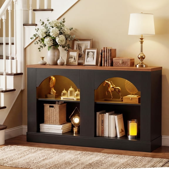 Homieasy 47" Arched LED Entryway Table - Farmhouse Console Table with Adjustable Shelves, Sofa Table, Sideboard Buffet Storage Cabinet for Entrance, Hallway, Living Room (Black and Rustic)