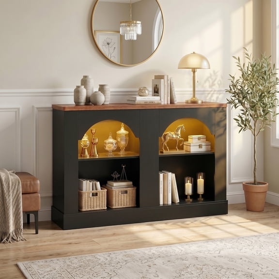 Homieasy 47" Arched LED Entryway Table - Farmhouse Console Table with Adjustable Shelves, Sofa Table, Sideboard Buffet Storage Cabinet for Entrance, Hallway, Living Room (Black and Rustic)