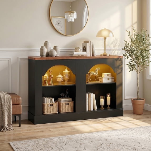 Homieasy 47" Arched LED Entryway Table - Farmhouse Console Table with Adjustable Shelves, Sofa Table,Arch TV Stand for Entrance, Hallway, Living Room (Black and Rustic)