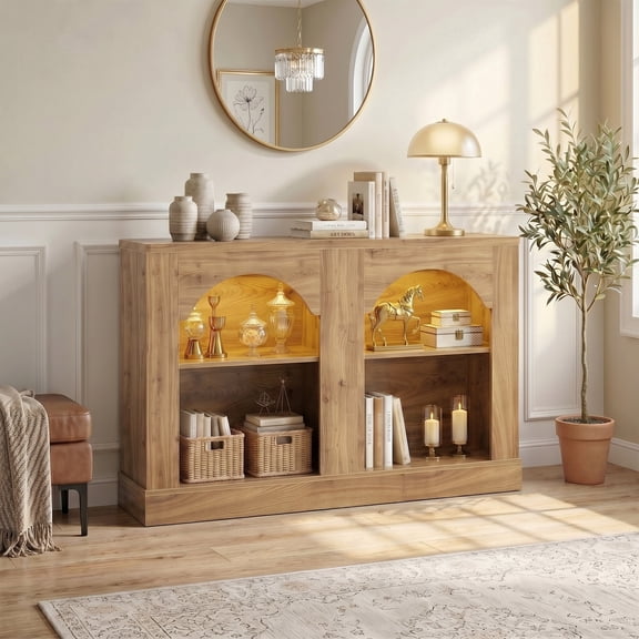 Homieasy 47" Arched LED Entryway Table - Farmhouse Console Table with Adjustable Shelves, Sofa Table,Arch TV Stand for Entrance, Hallway, Living Room (Natural Oak)