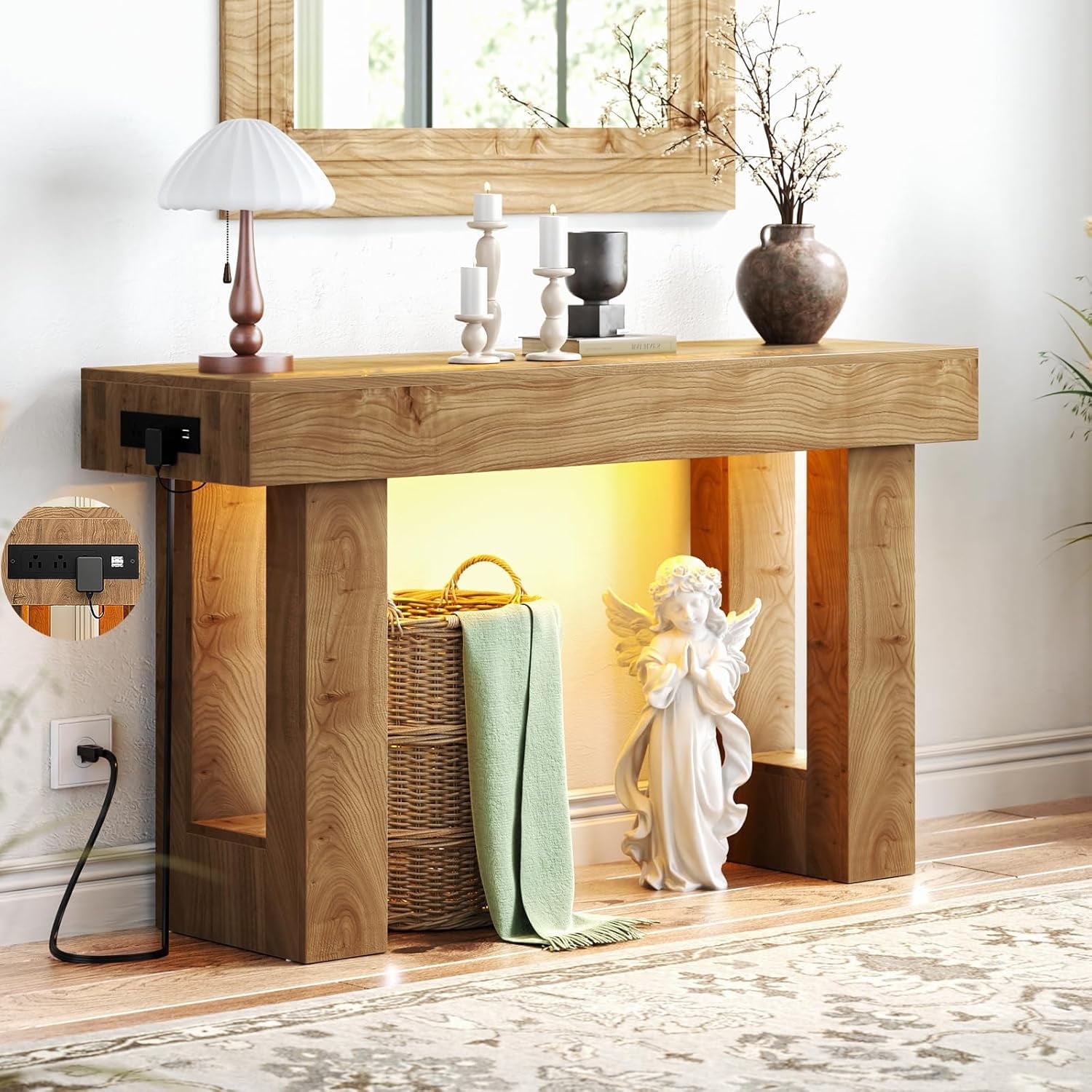 Homieasy 47" Console Table with Socket & Sensor Light, Narrow Entryway Table with Storage for Hallway/Living Room, Farmhouse Style in Natural Oak