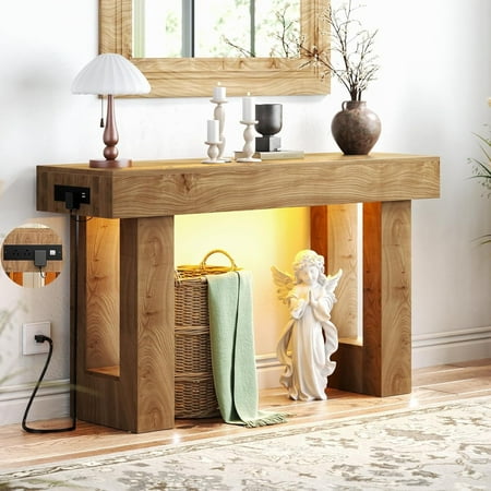 Homieasy 47" Console Table with Socket & Sensor Light, Narrow Entryway Table with Storage for Hallway/Living Room, Farmhouse Style in Natural Oak