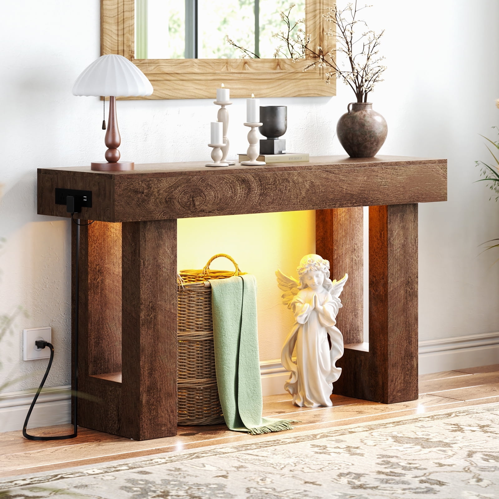 Homieasy 47" Console Table with Socket & Sensor Light, Narrow Entryway Table with Storage for Hallway/Living Room, Farmhouse Style in Rustic Oak