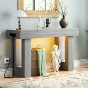 Homieasy 47" Console Table with Socket & Sensor Light, Narrow Entryway Table with Storage for Hallway/Living Room, Farmhouse Style in White Oak