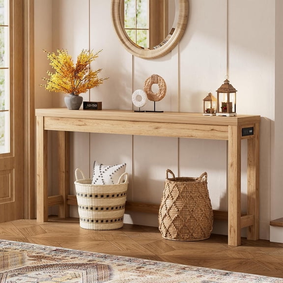 Homieasy 47" Console Tables for Entryway, Long Console Tables for Living Room, Behind Couch Table, Sturdy Wood Support Farmhouse Entryway Table with 3AC+2USB Changing Station, Rustic Oak