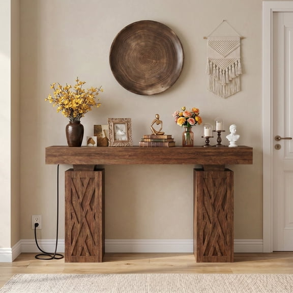 Homieasy 47'' Farmhouse Console Table with Charging Station & LED Lights, Narrow Entryway Table for Entryway, Living Room, Cracked Oak