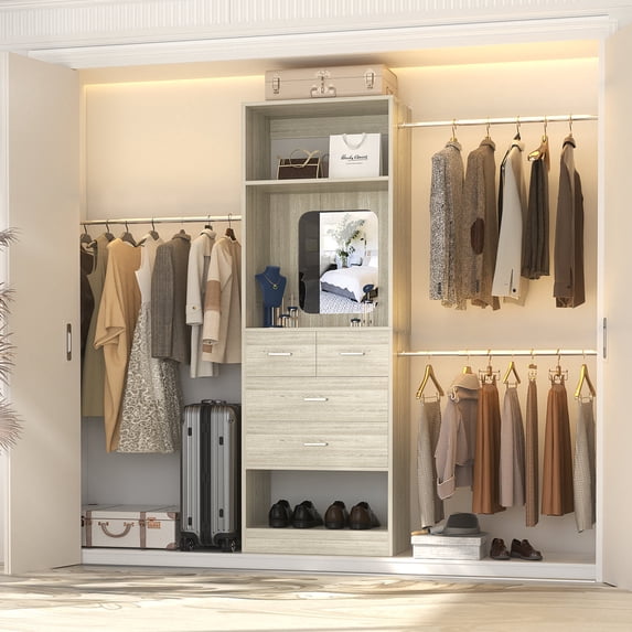 Homieasy 25'' - 96'' W Closet System with Wooden Drawers and Hanging Rods(Cut to Fit), White Oak