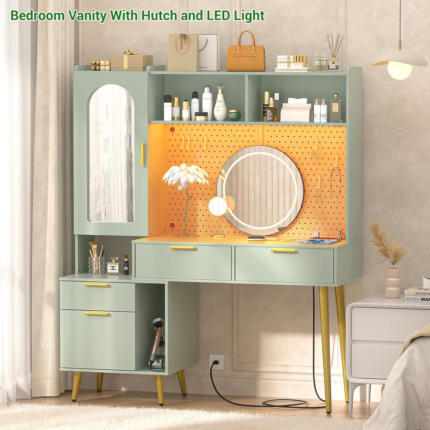Homieasy 48'' Makeup Vanity with Hutch, White Bedroom Vanity with Charging Station and LED, Tall