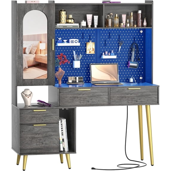 Homieasy 48'' Makeup Vanity with Hutch, White Bedroom Vanity with Charging Station and LED, Tall Vanity Table with Pegboard, Mirror, 5 Big Drawers & Shelves, Cabinet, Bedroom Dressing Tables, Grey