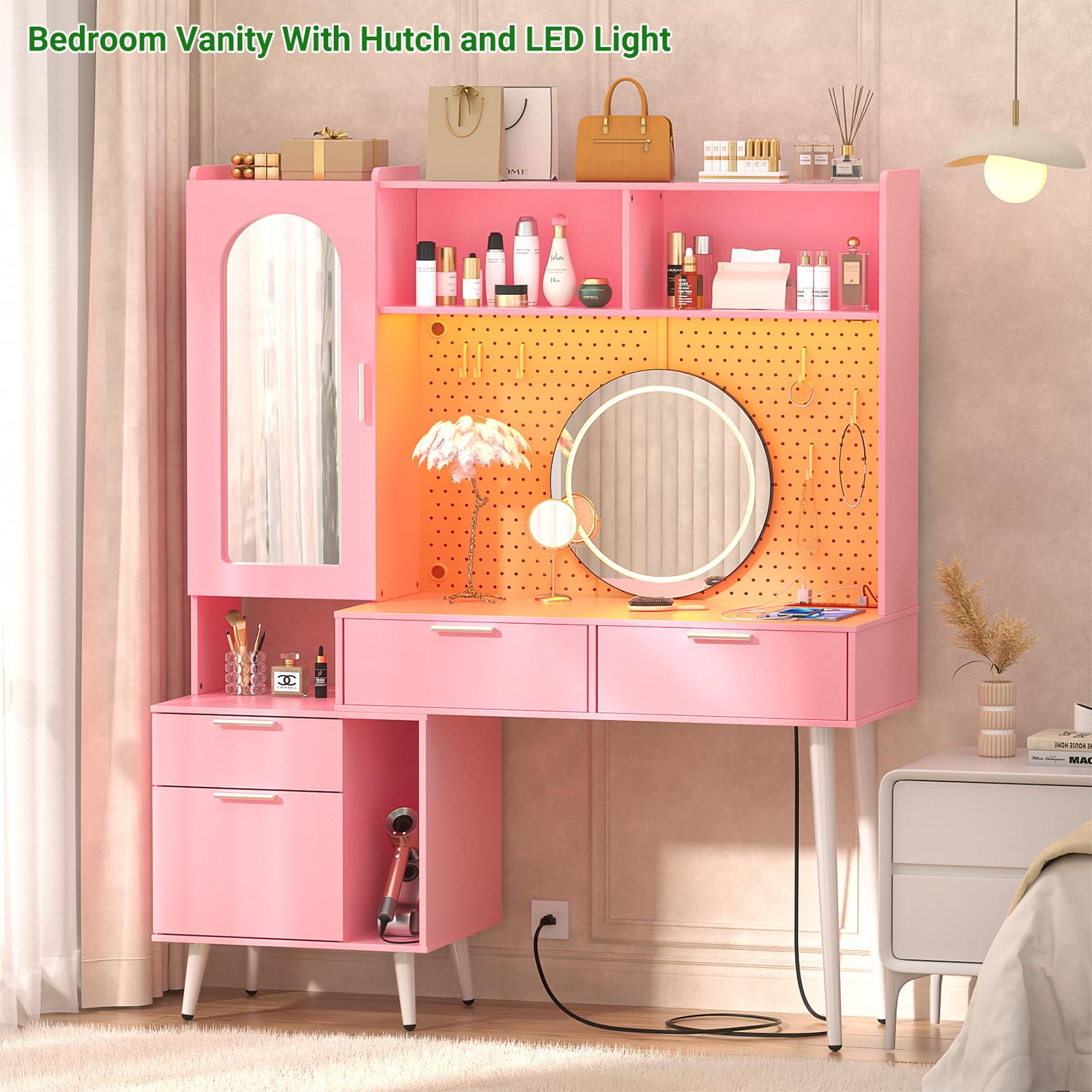 Homieasy 48'' Makeup Vanity with Hutch, White Bedroom Vanity with Charging Station and LED, Tall