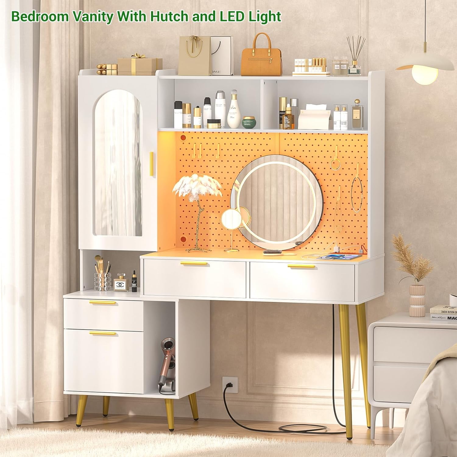 Homieasy 48 Makeup Vanity with Hutch Built Lights Mirror 5 Drawers Cabinet White Walmart