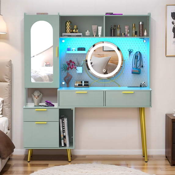 Homieasy 48'' Makeup Vanity with Hutch, White Bedroom Vanity with Charging Station and LED, Tall Vanity Table with Pegboard, Mirror, 5 Big Drawers & Shelves, Cabinet, Bedroom Dressing Table, Cyan