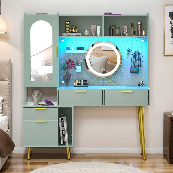 Homieasy 48'' Makeup Vanity with Hutch, White Bedroom Vanity with Charging Station and LED, Tall Vanity Table with Pegboard, Mirror, 5 Big Drawers & Shelves, Cabinet, Bedroom Dressing Table, Cyan