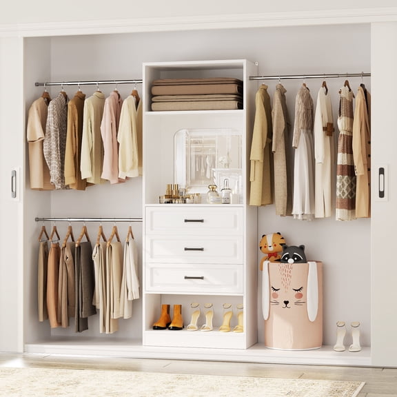 Homieasy 25" - 96” W Closet System with Wooden Drawers and Hanging Rods(Cut to Fit), White